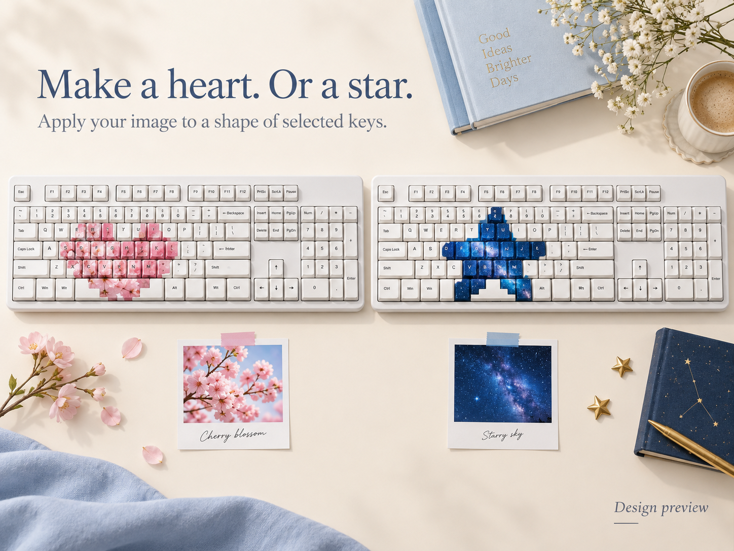 Heart and star selection concepts. The shape is formed by selected keys; it does not change the physical shape of the keyboard.