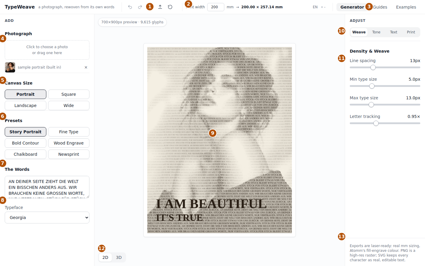 Annotated screenshot of the TypeWeave interface