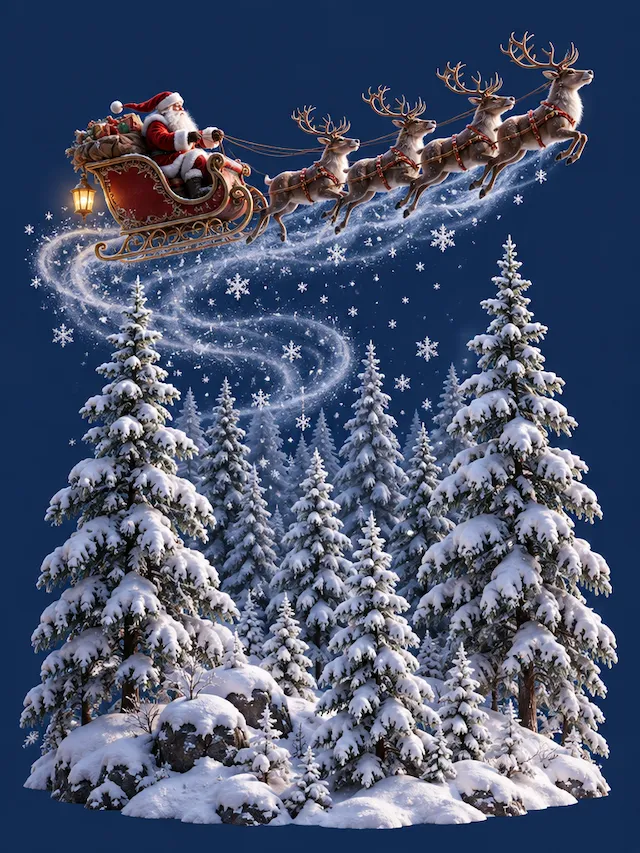 Santa Sleigh Flight Over Winter Forest
