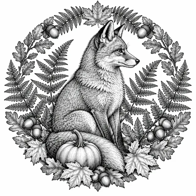 Renard dans une couronne automnale