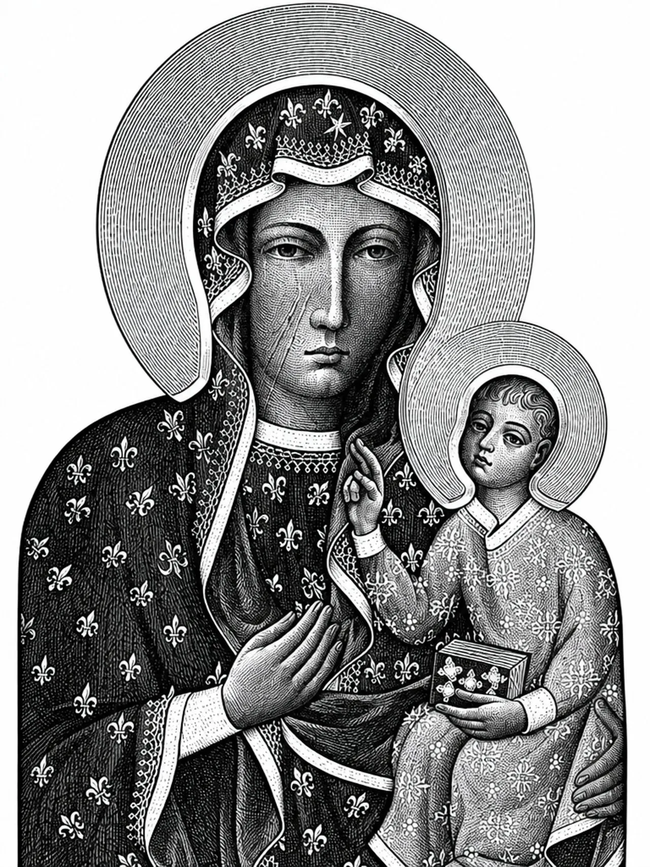 Madonna and Child icon in monochrome crosshatched linework, a single frontal composition with concentric halos and fleur-de-lis robes