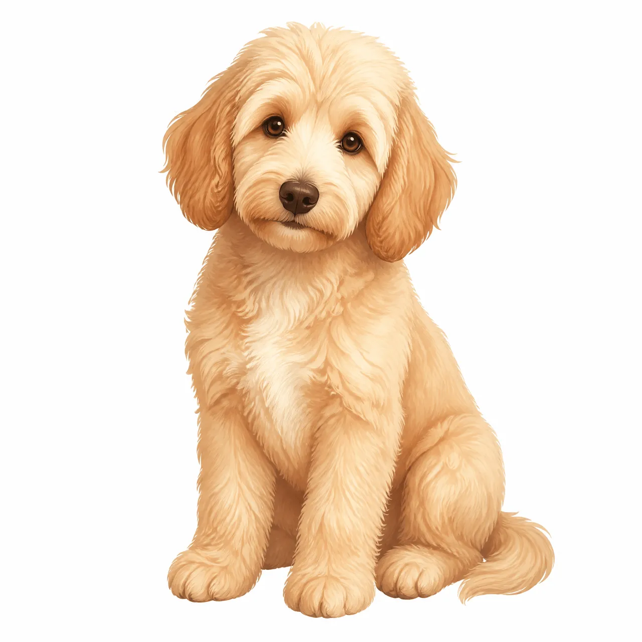 Goldendoodle puppy illustration in warm apricot tones, detailed painterly fur, seated alone with floppy ears and curled tail