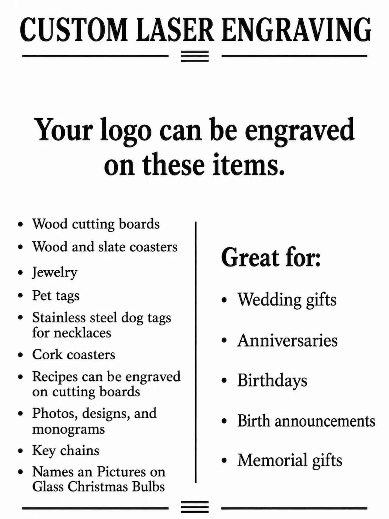Laser cut and engrave Custom Engraving Flyer