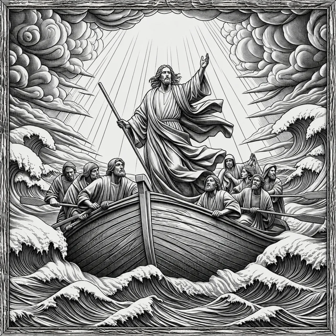 Laser cut and engrave Christ Calms the Storm