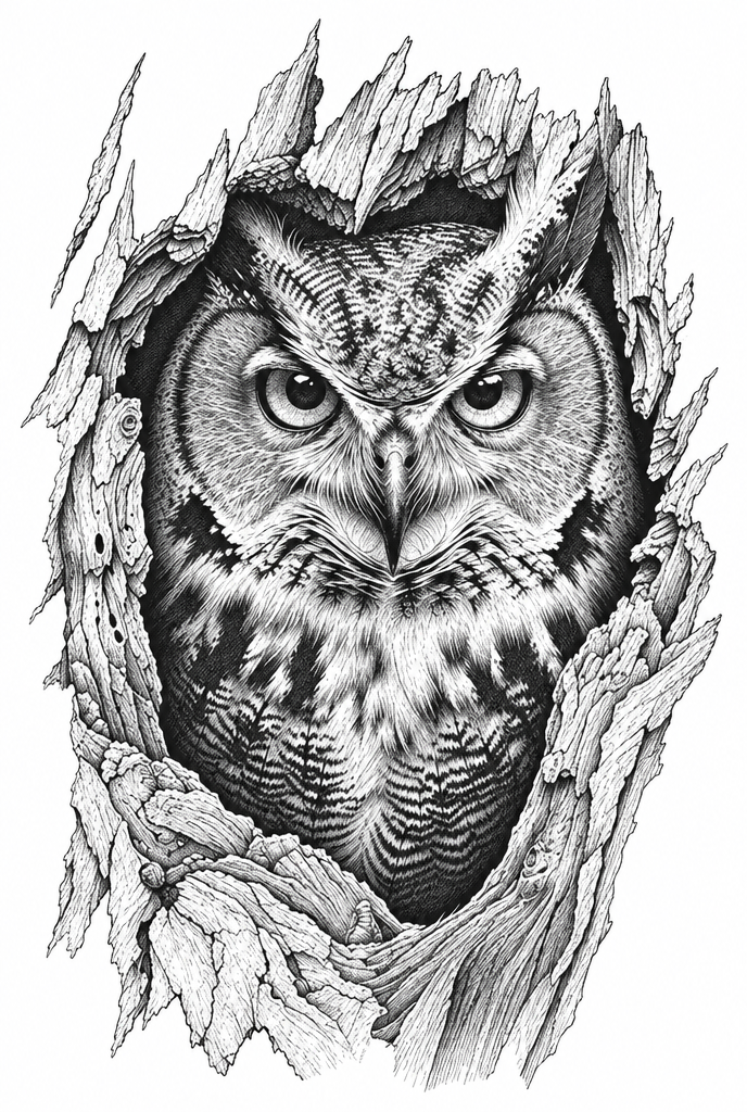 White Raster Image Owl in a Broken Tree - Free png