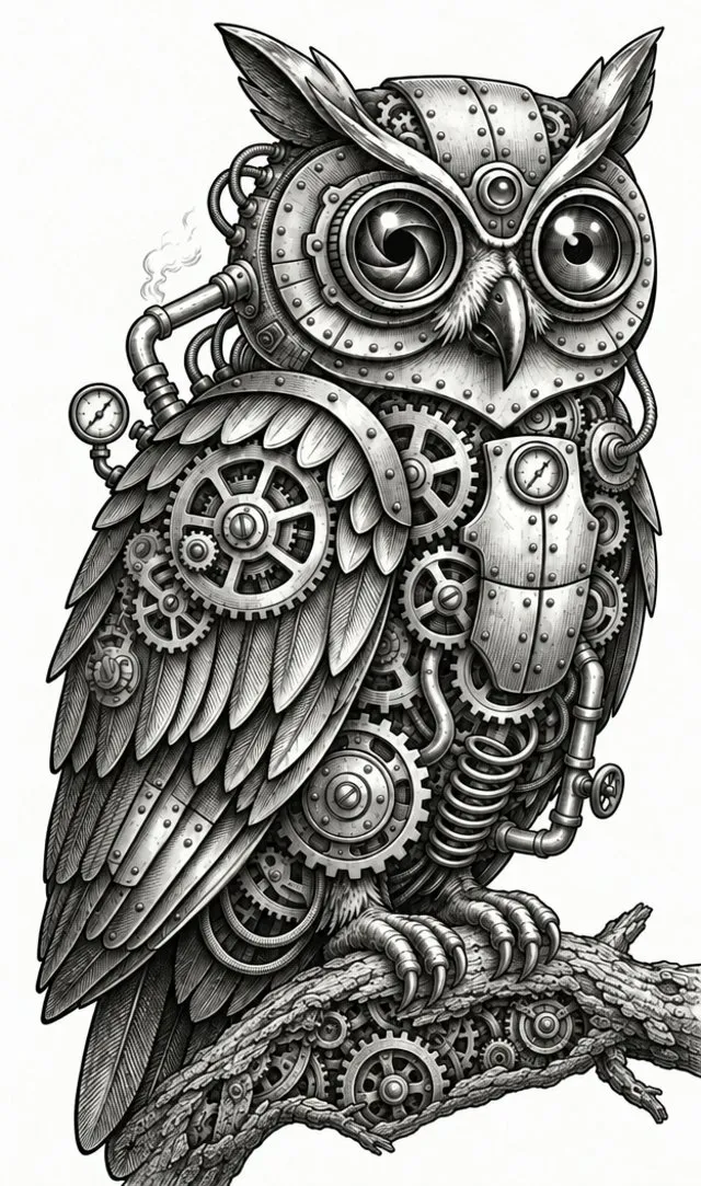 Steampunk Owl on Branch