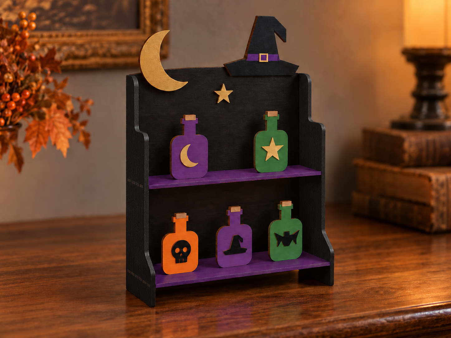 Magic Rack Lab Boo’s Brews Wooden Potion Shelf - Laser Cut & Engraving Template - Atomm