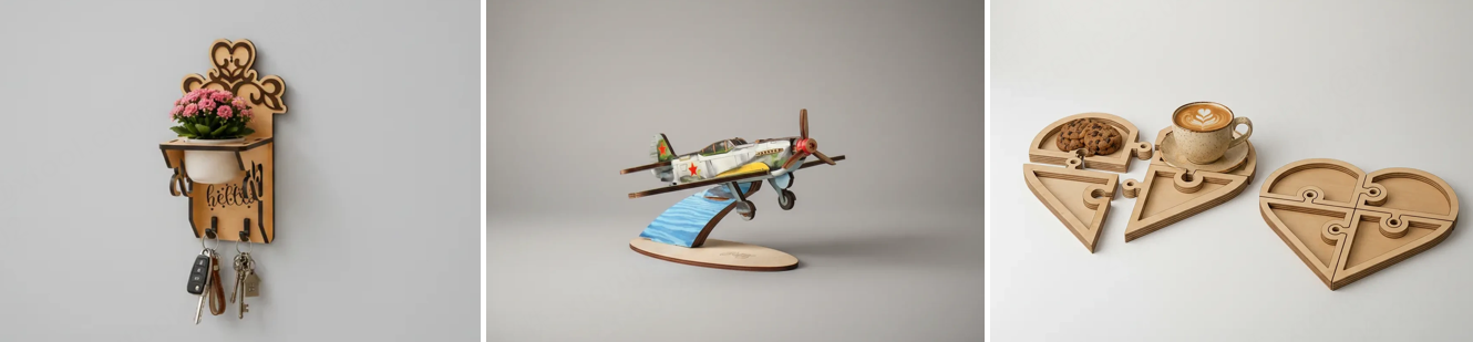 Small laser-cut wooden ornaments including a plane and heart