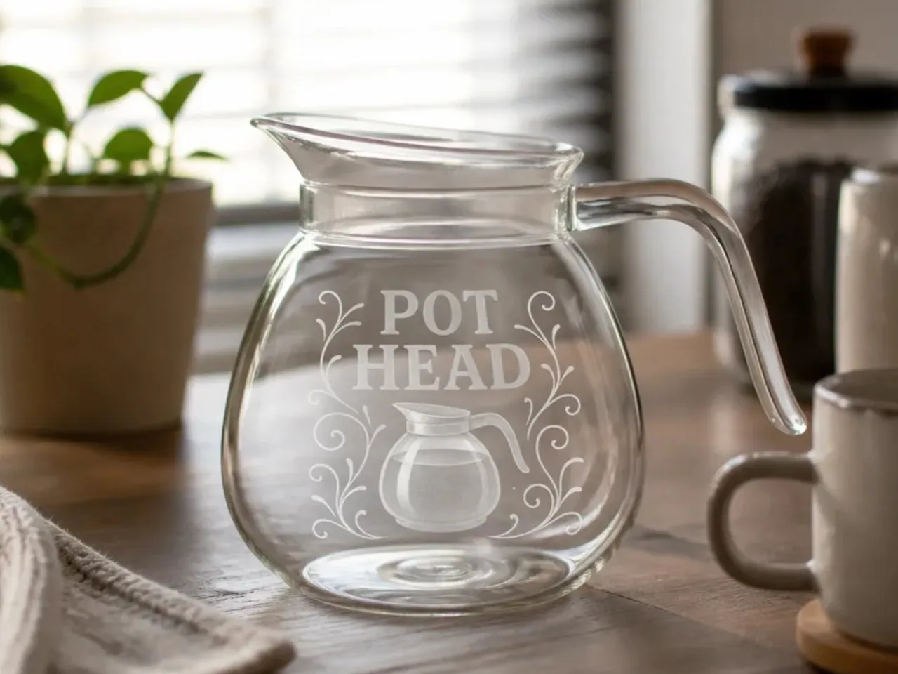[Laser cut and engrave] Pot Head Glass Coffee Carafe with Decorative Floral Accents