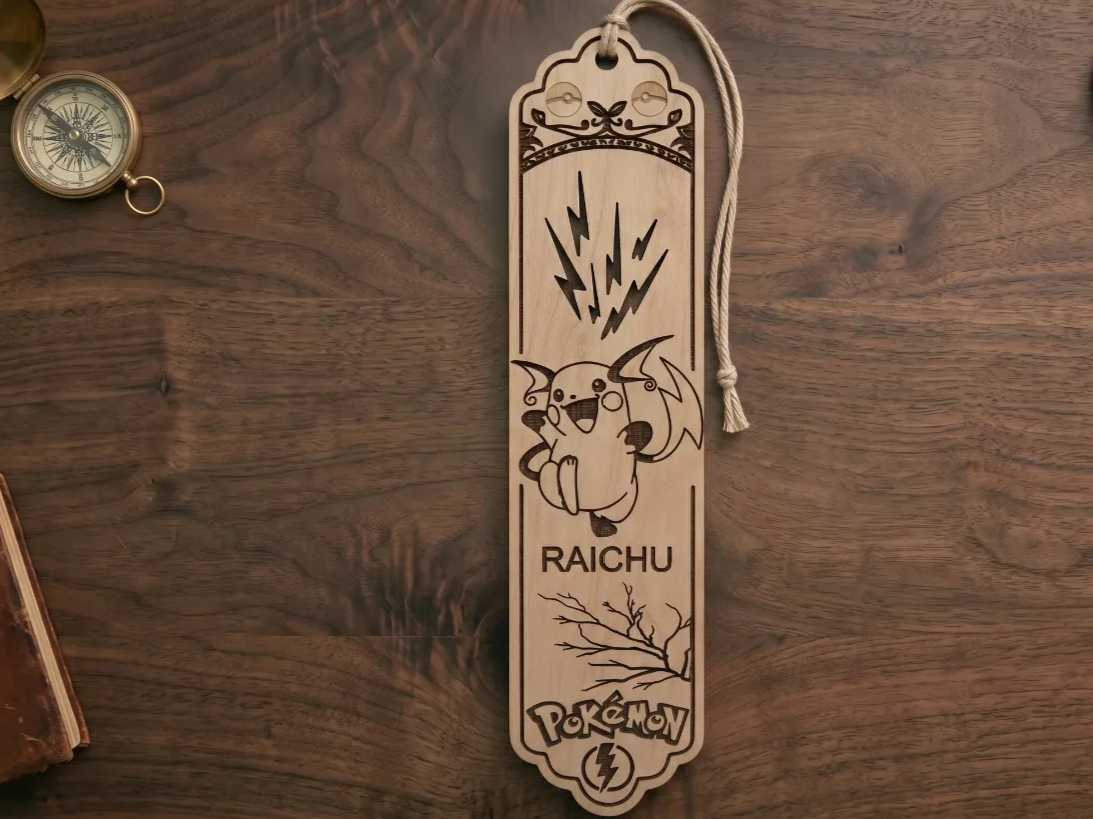 Raichu Pokemon Wooden Bookmark with Lightning Motif