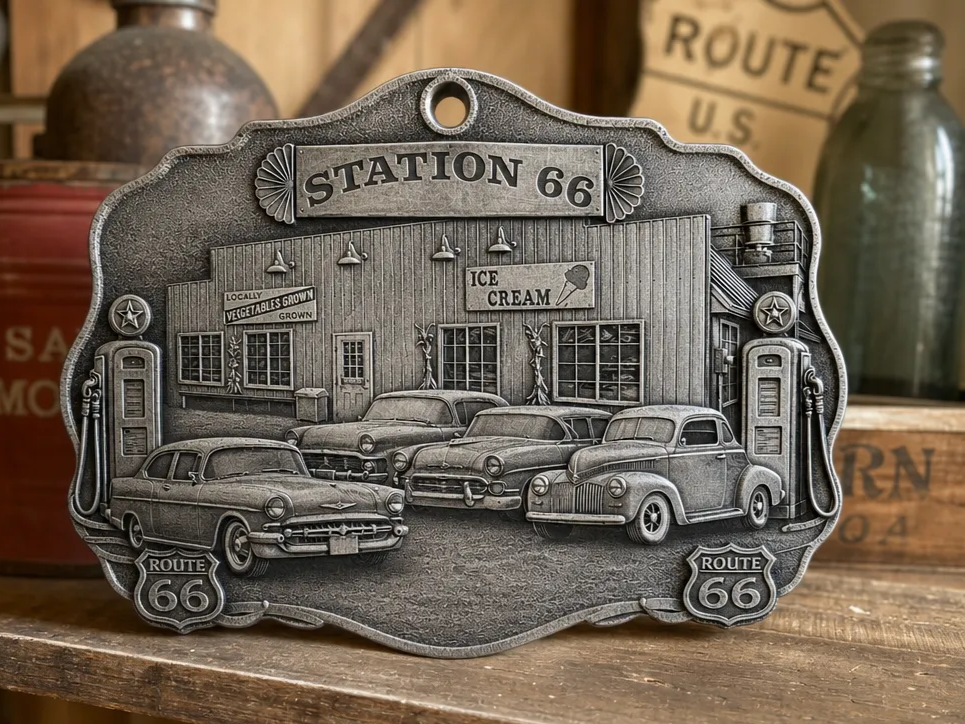 Station 66 Vintage Gas Station Keychain with Classic Cars