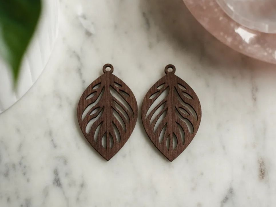 Pair of Wooden Leaf Shape Earring Pendants