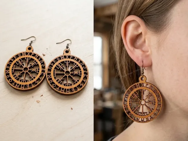 Viking Vegvisir Compass Wooden Dangle Earrings