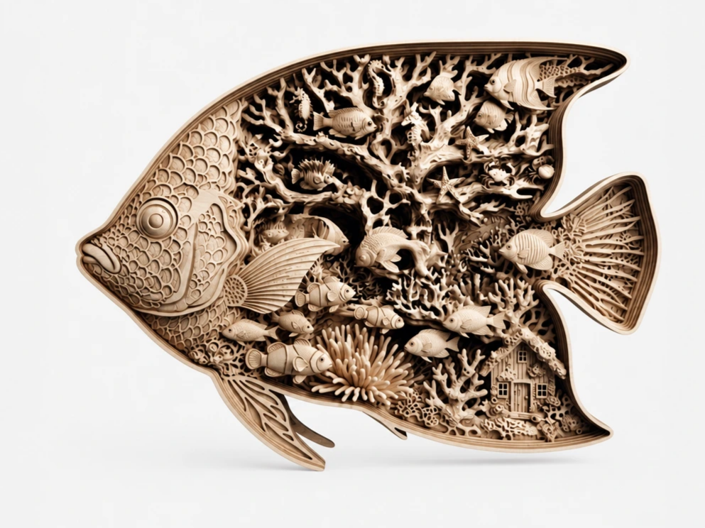 Wooden Fish Wall Art with Intricate Coral Reef and Sea Life Scene