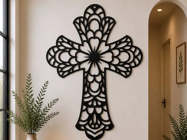 Floral Cross SVG | Christian Cross Wall Art Laser Cut File | Mandala Flower Cross Decor | Religious SVG | Digital Download