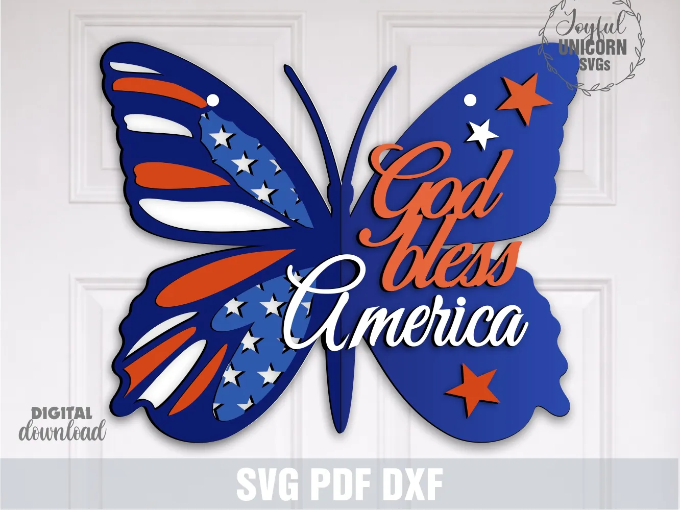 God Bless America Sign SVG, Butterfly Patriotic Door Hanger SVG,  4th of July Laser Cut File, Independence Day Sign, USA Flag Decor, Glowforge, Xtool
