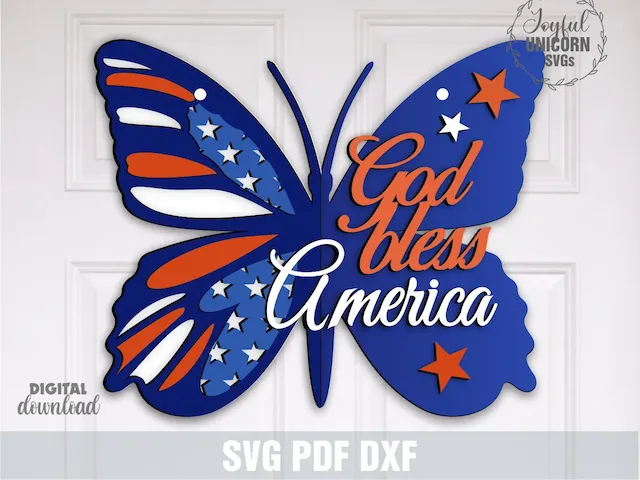God Bless America Sign SVG, Butterfly Patriotic Door Hanger SVG,  4th of July Laser Cut File, Independence Day Sign, USA Flag Decor, Glowforge, Xtool