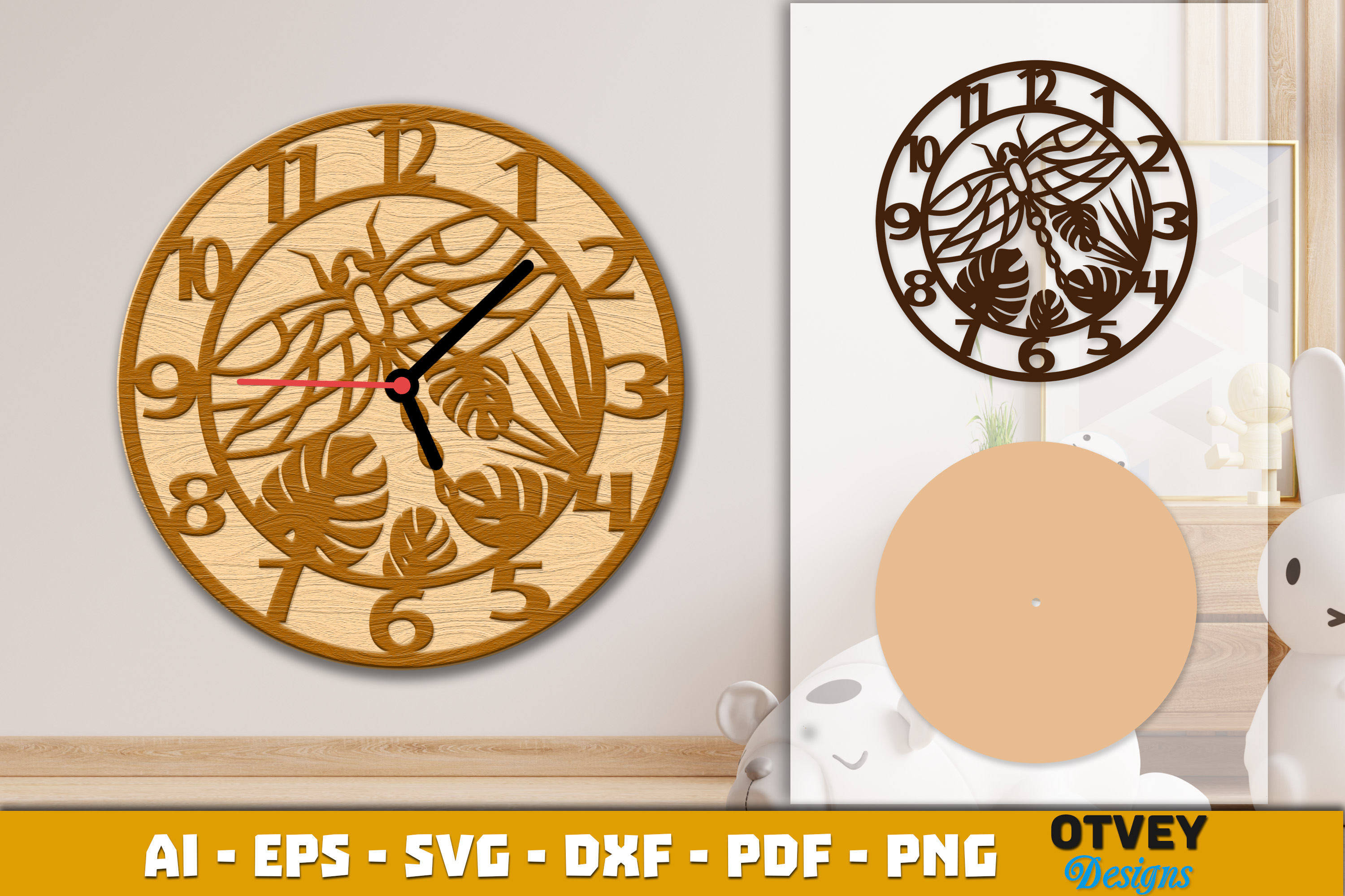 [Laser cut and engrave] Dragonfly Themed Round Wall Clock with Tropical Leaf Patterns