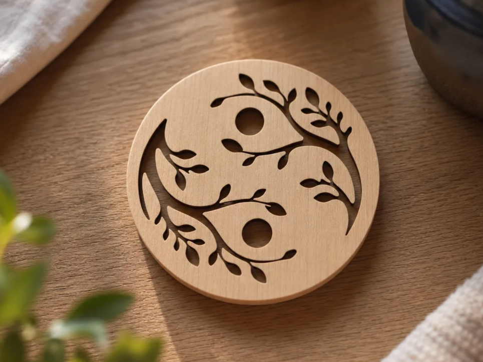 Round Wooden Coaster with Yin Yang Leaf Motif