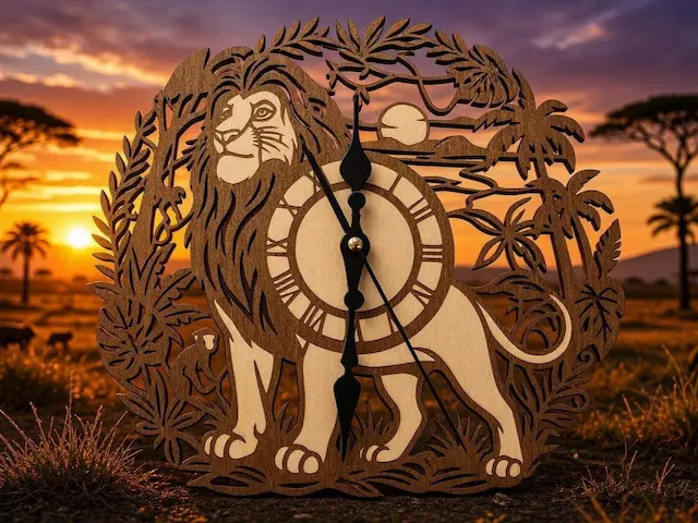 Horloge murale ronde en bois avec motif de lion dans la savane