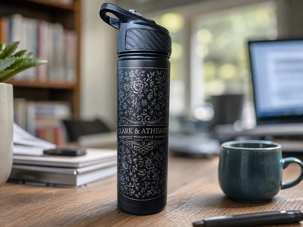 Black Insulated Water Bottle with Floral Pattern and Clark & Atherton Branding