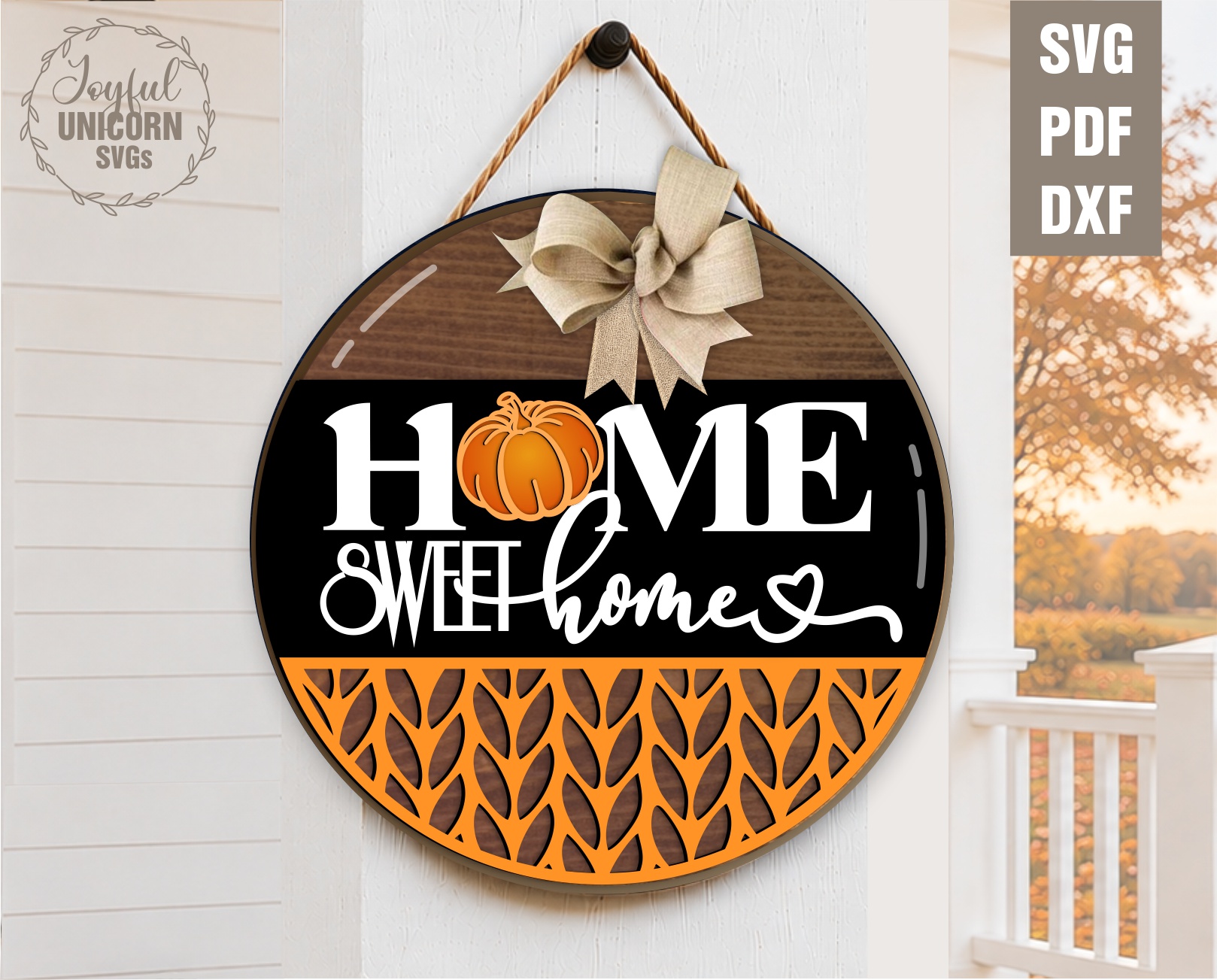 [Laser cut and engrave] Home Sweet Home Pumpkin Sign SVG, Fall Round Door Hanger, Autumn Wooden Door sign, Laser Cut File for Glowforge, CNC, Cricut