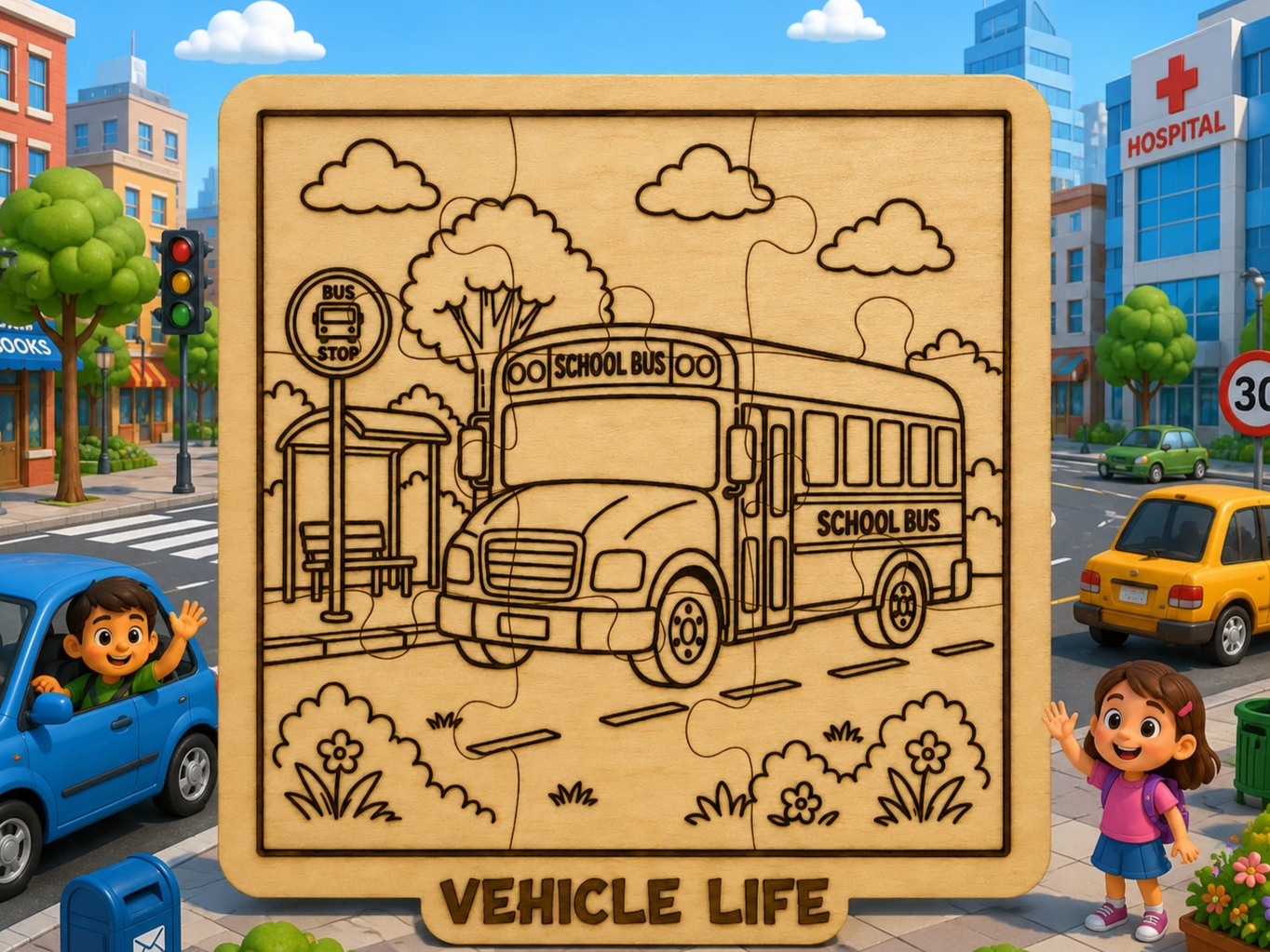 School Bus Wooden Puzzle SVG & XCS | Vehicle Life Laser Cut File | Montessori Transportation Puzzle for Kids | DIY Educational Toy