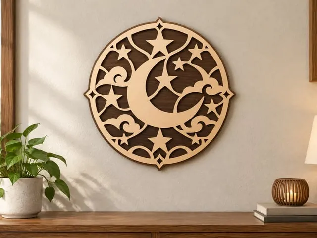 Festive Crescent Moon and Stars Theme Wooden Laser-Cut Wall Art & Home Decor