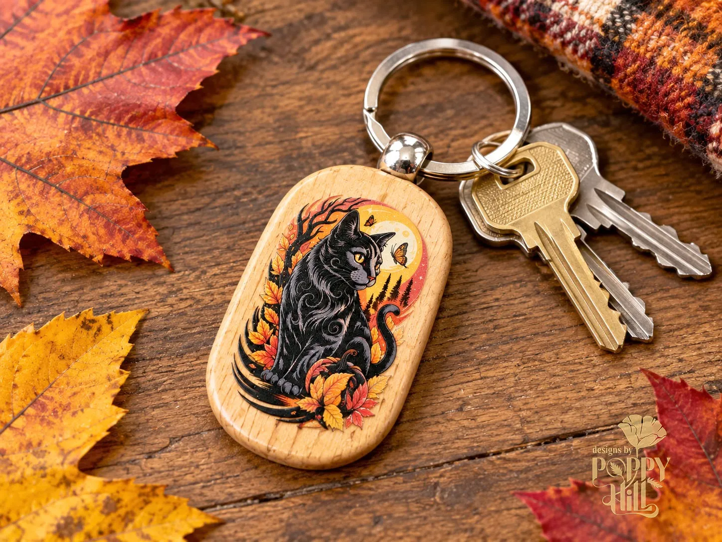Halloween Black Cat and Autumn Leaves UV Printed Keychain - Free