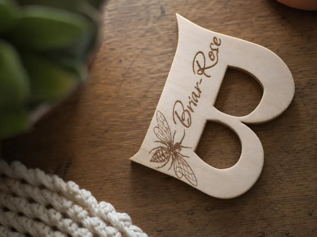 [Laser cut and engrave] Wooden Letter B Monogram with Bee Motif and Briar-Rose Name