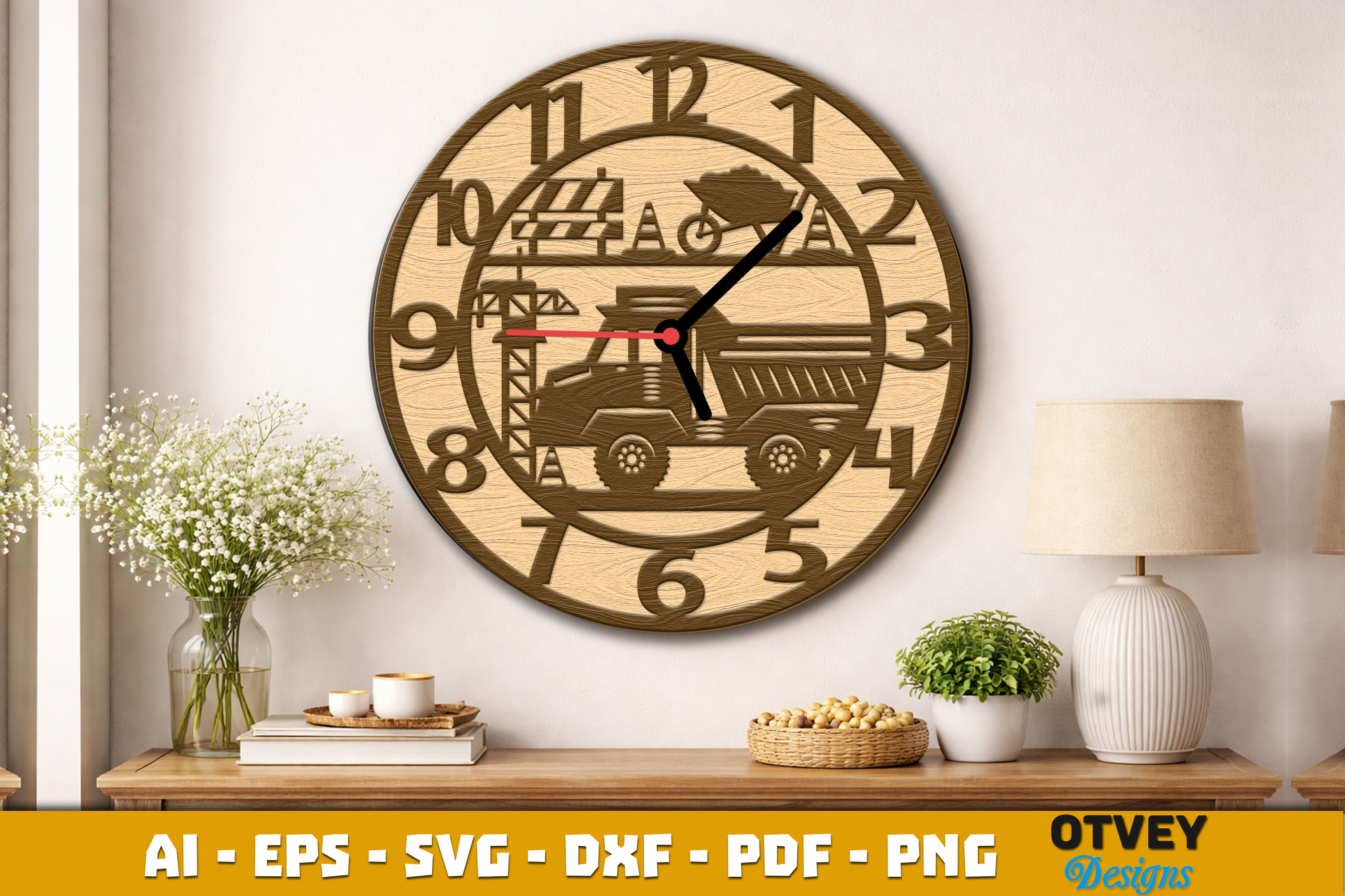 [Laser cut and engrave] Wooden Construction Wall Clock Lasercut 12 Designs