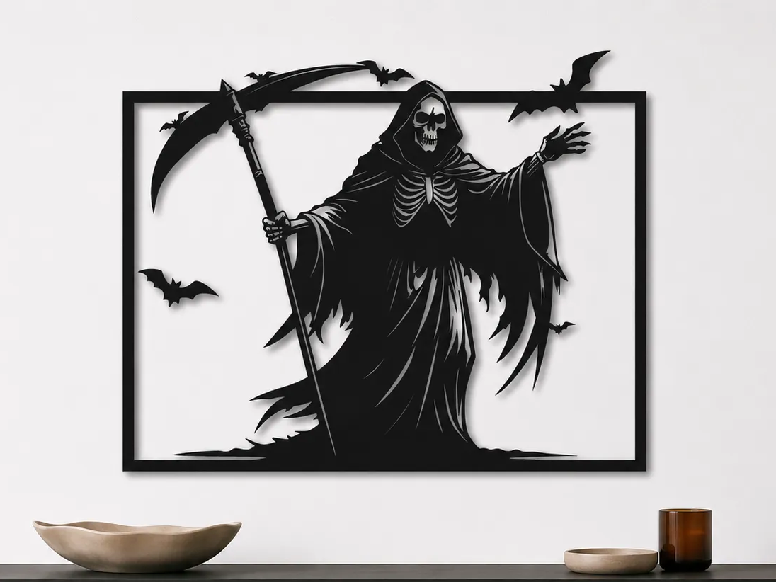 Grim Reaper Wall Art SVG | Death with Scythe SVG | Gothic Halloween Decor | Skeleton Wall Art | Laser Cut SVG Digital Download