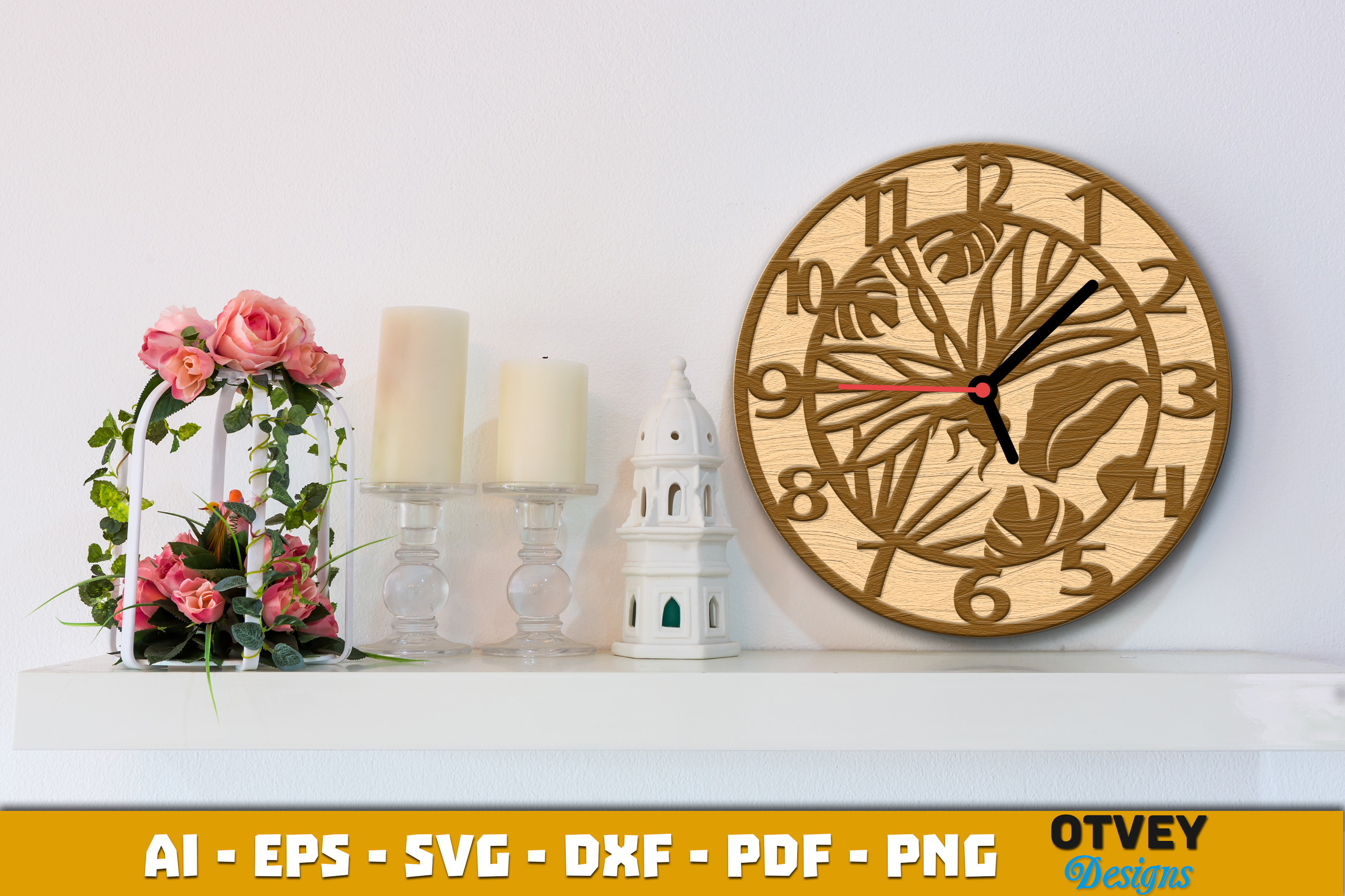 [Laser cut and engrave] Dragonfly Themed Round Wall Clock with Tropical Leaf Patterns