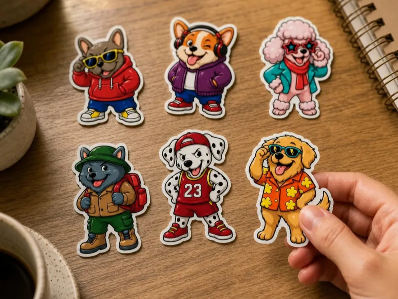 [Laser cut and engrave,UV printing,Heat Press] Set of Cartoon Dog Stickers Featuring Various Outfits and Accessories