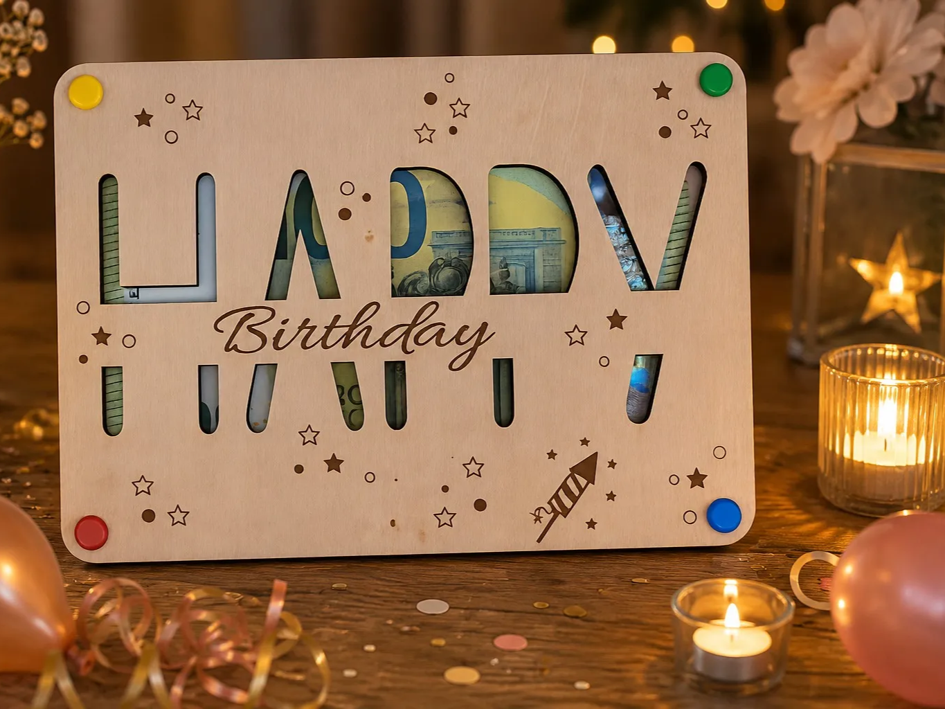 Happy Birthday Holzschild als Geldgeschenk mit Sternenmotiv