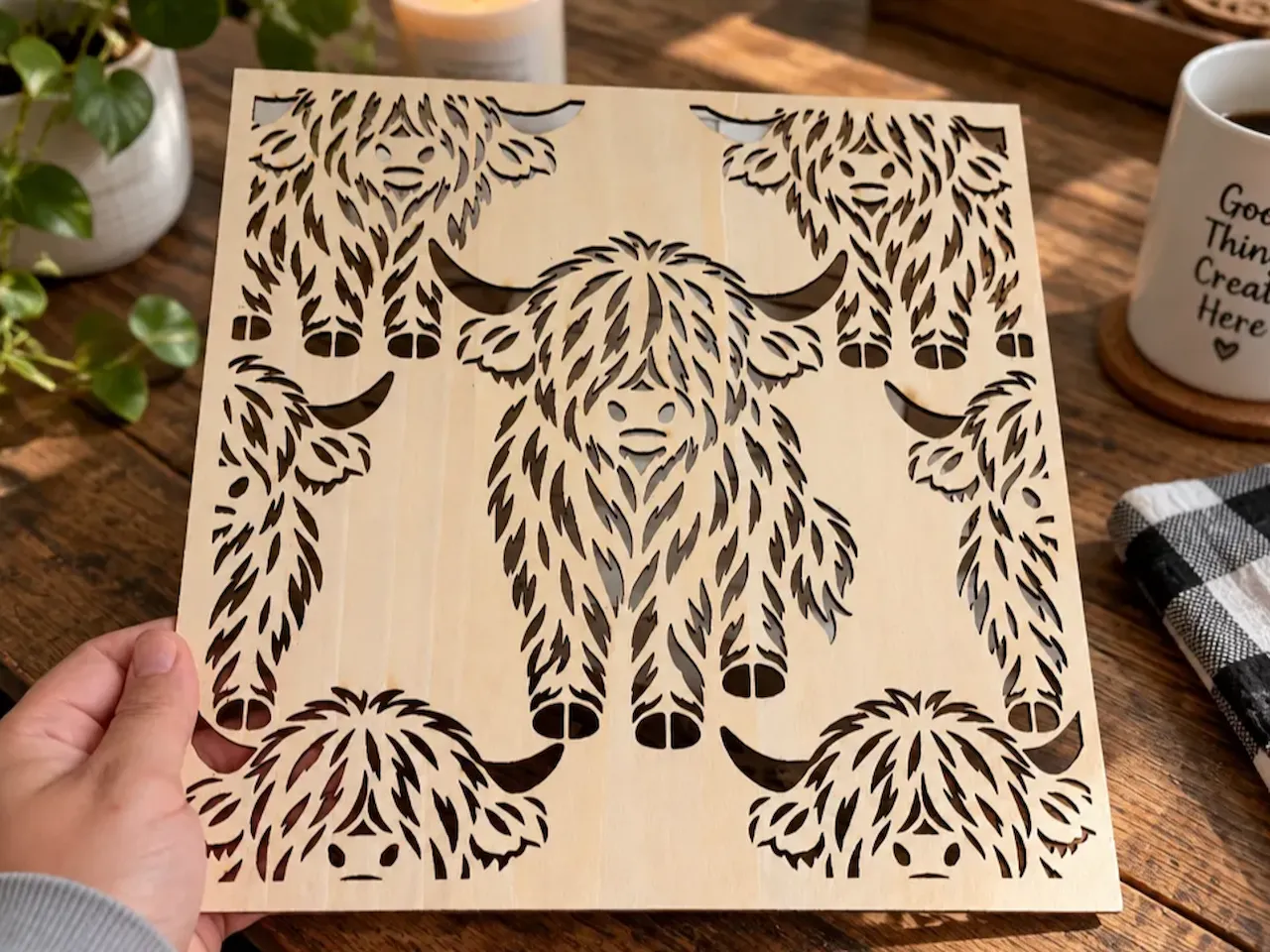 [Laser cut and engrave] Highland Cow Pattern Square Wall Art Panel