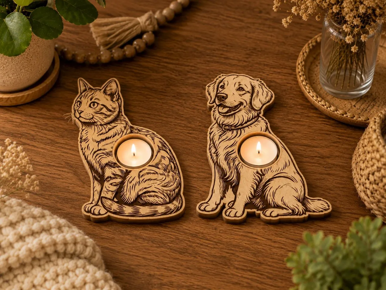 [Laser cut and engrave] Bougeoirs en bois en forme de chat et de chien