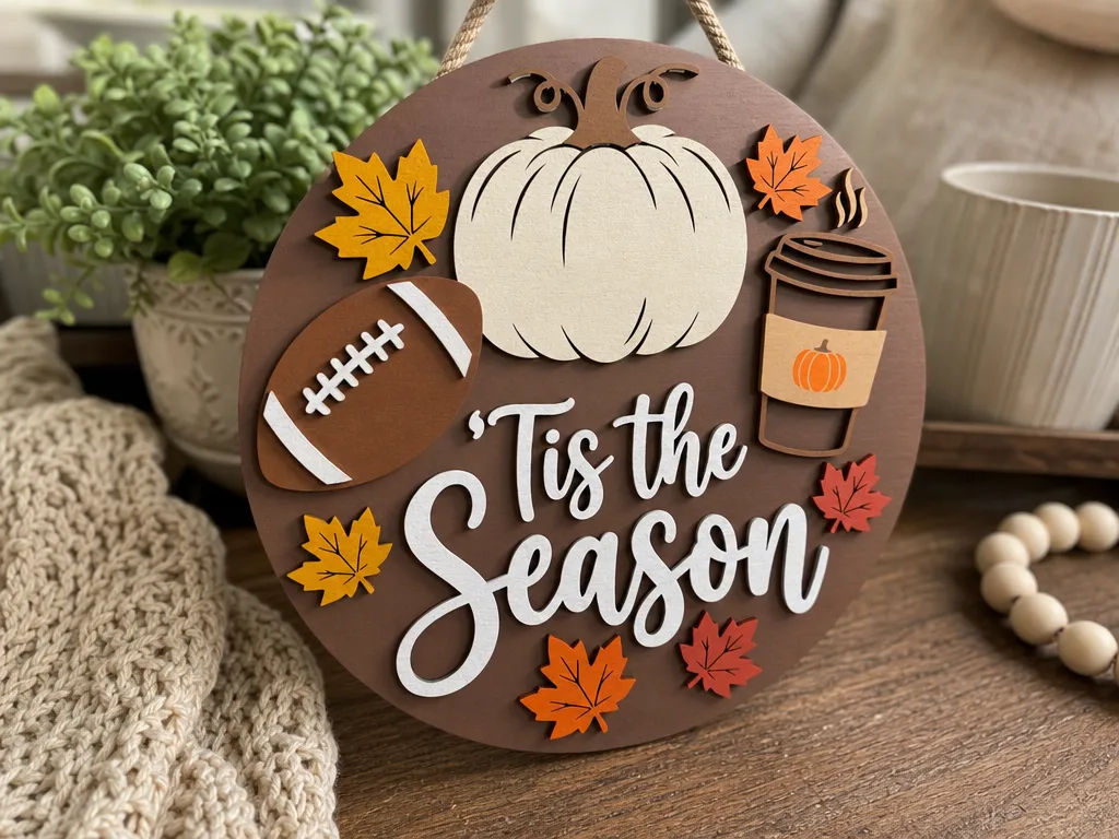 Tis the Season Fall Pumpkin and Football Round Wall Hanging