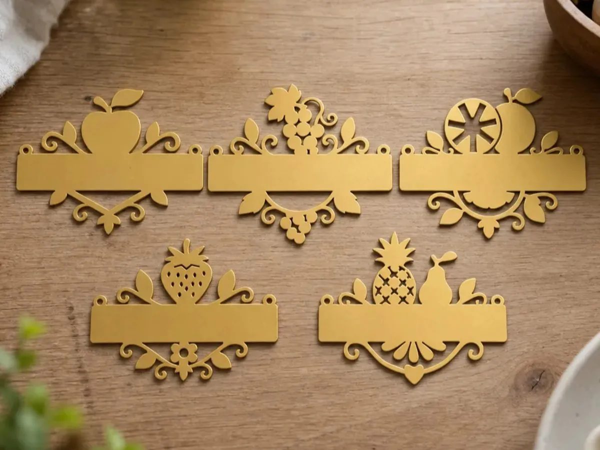 [Laser cut and engrave] Gold Fruit Themed Name Plate Tags with Floral Accents