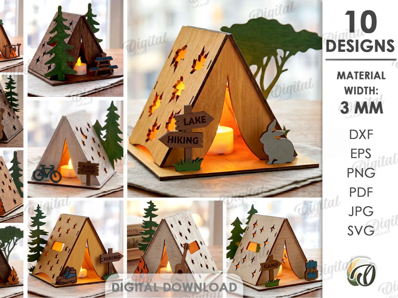 3D Camping Tent Lanterns Bundle. Tea Light Candle Holder Lasercut Files. Woodland Camp Decor. Camp Lamp SVG. Rustic Nature Scene. Nightlight
