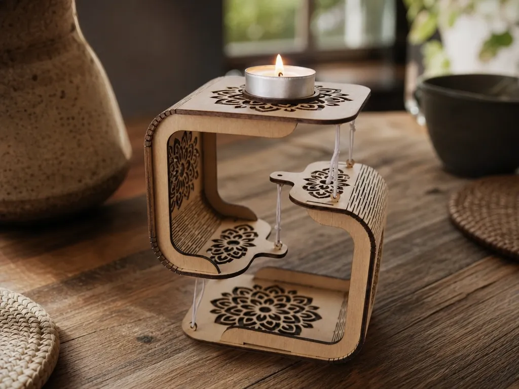 Bougeoir flottant en bois avec motif mandala