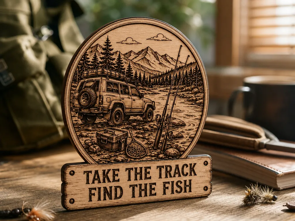 Take the Track Find the Fish - 4WD Fishing Camping Wooden Sign | Laser Cut