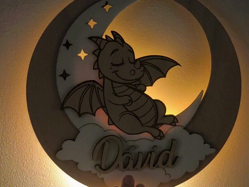 Personalized baby Dragon on Moon Wall Light for Nursery, nightlamp