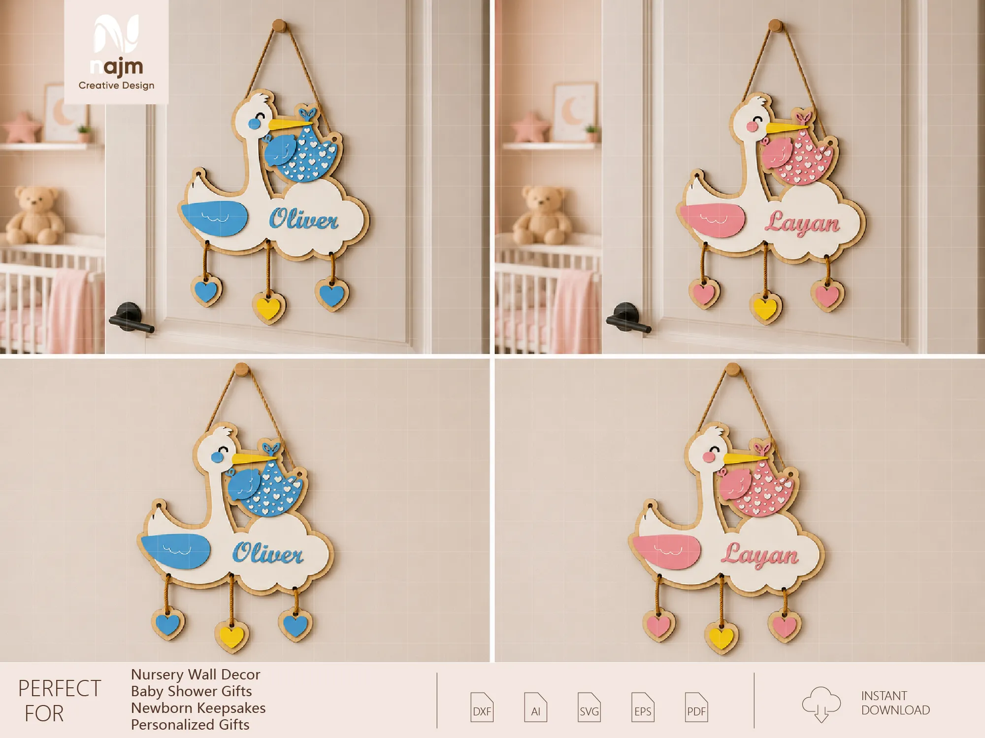 Stork Carrying Baby Nursery Wall Hanging with Personalized Name