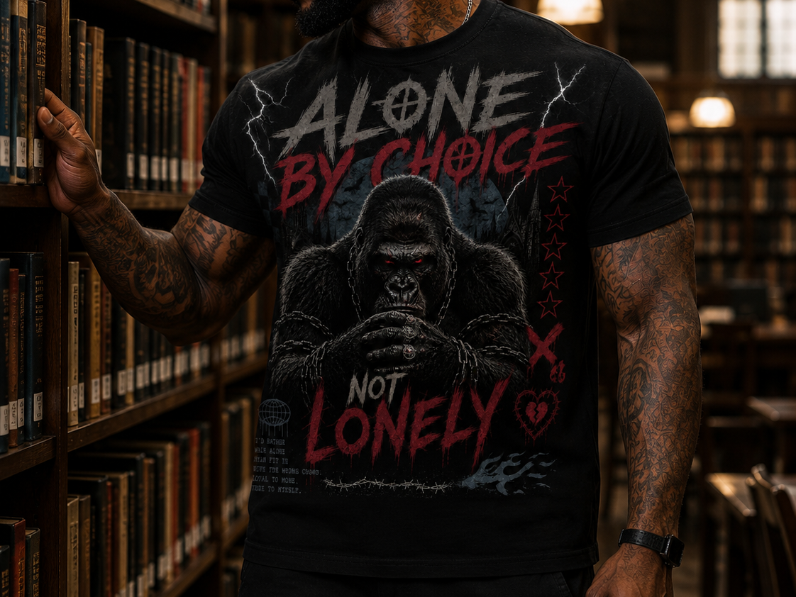 Black T-shirt featuring Gorilla Graphic and Alone By Choice Not Lonely Text
