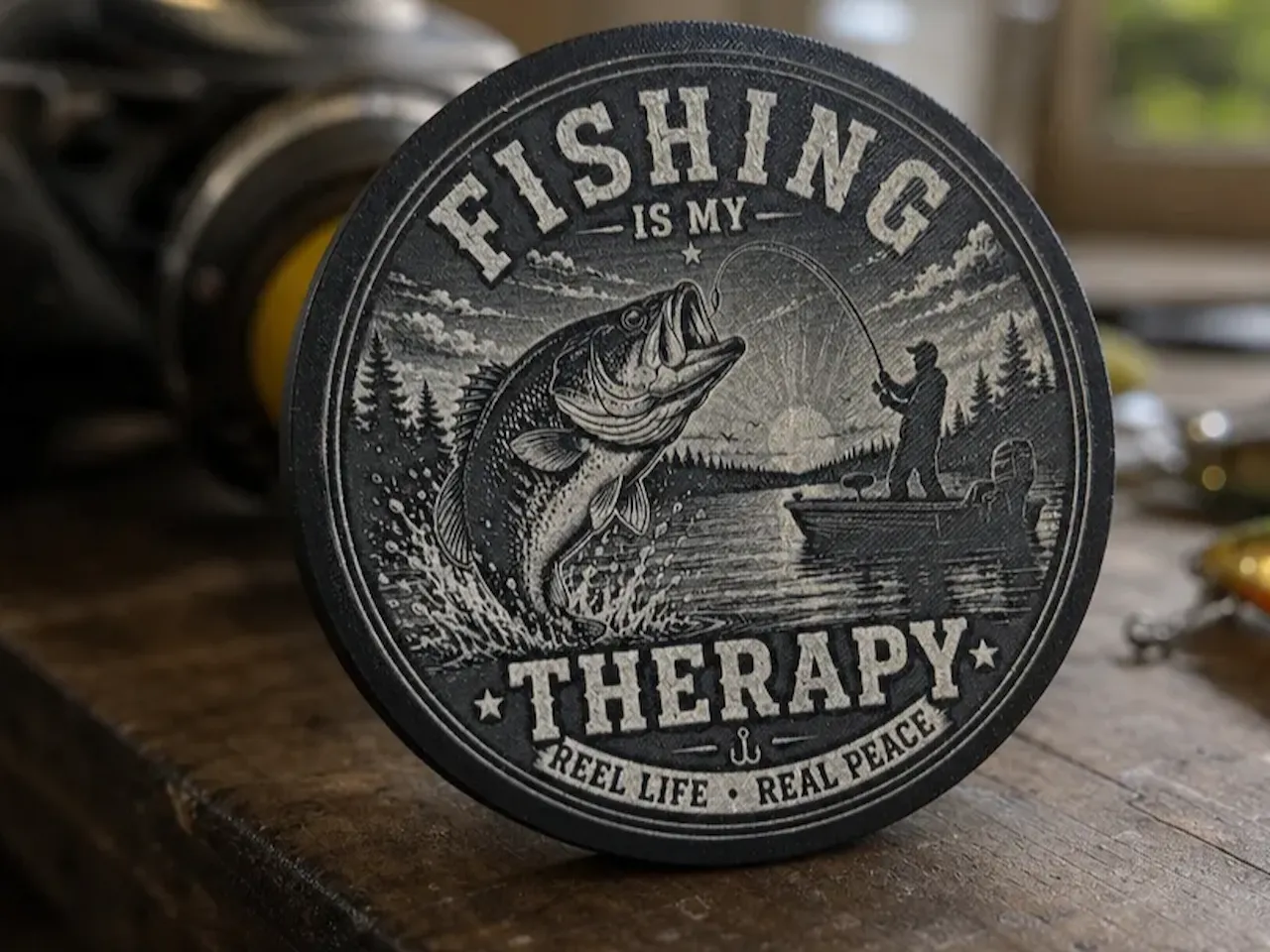 [Laser cut and engrave] Fishing Is My Therapy Round Coaster with Bass Fisherman Graphic