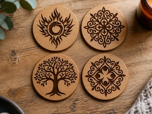 Set of Four Round Wooden Coasters with Intricate Nature and Geometric Patterns