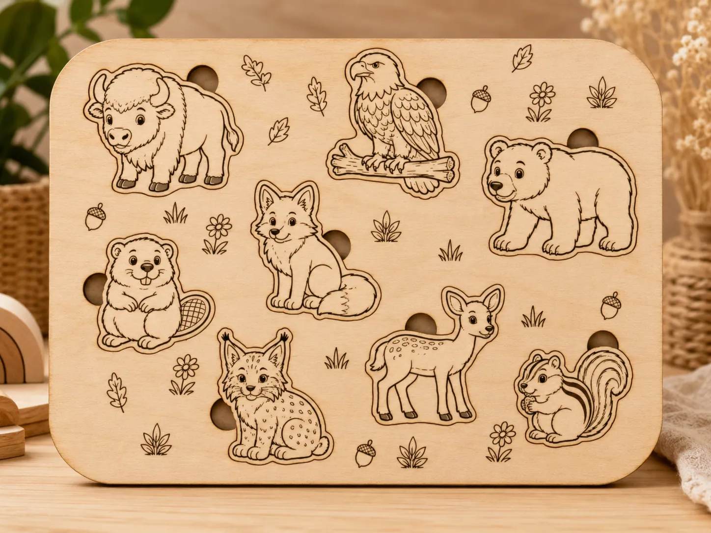 North American Animals Montessori-Inspired Wooden Puzzle | 8 Piece Animal Name Learning Puzzle