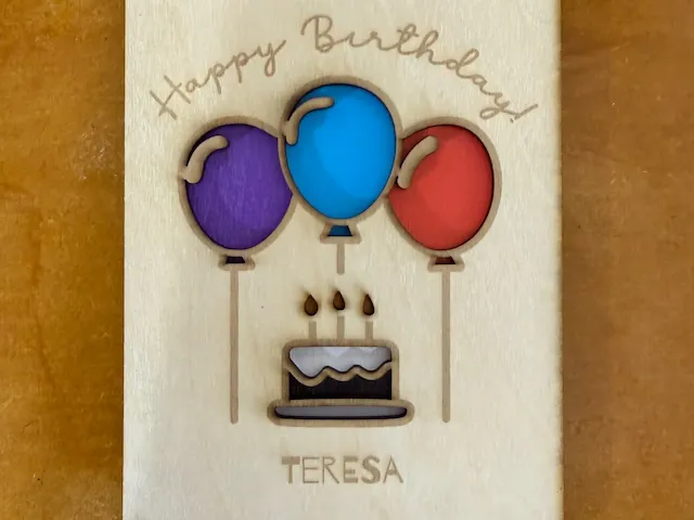 Personalized Happy Birthday Wooden Greeting Card with Balloons and Cake