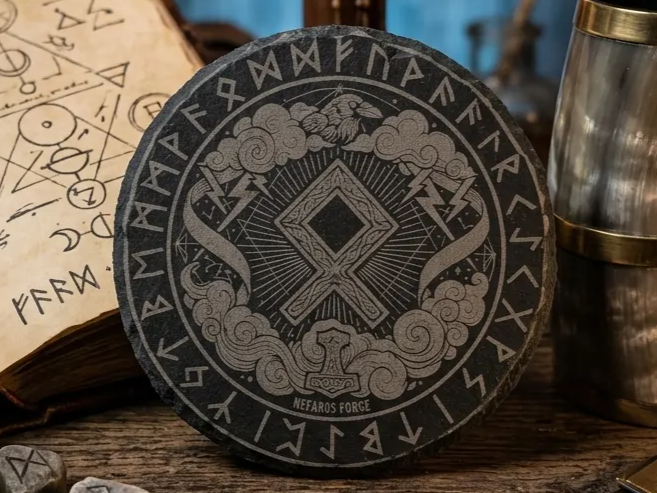Runder Schieferuntersetzer mit nordischem Runenmotiv und Thorshammer